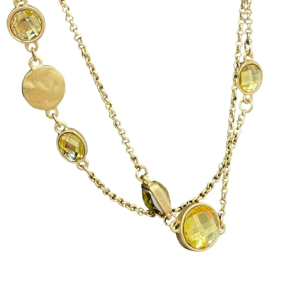 Gold Tone Long Chain‎ Necklace With Yellow Coins & Crystals & Drop Earrings Set